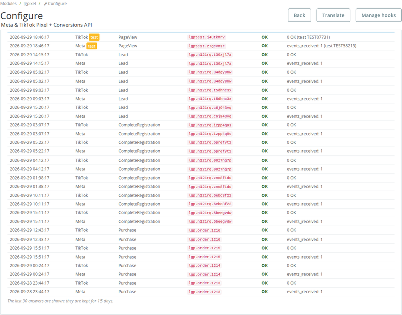 Log of Meta and TikTok Conversions API answers
