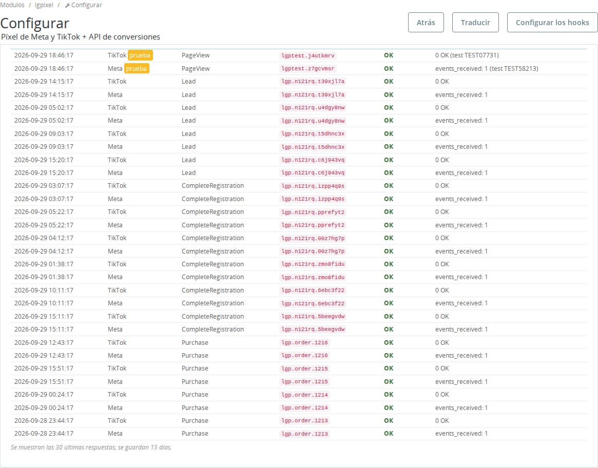 Registro de respuestas de la API de Conversiones de Meta y TikTok