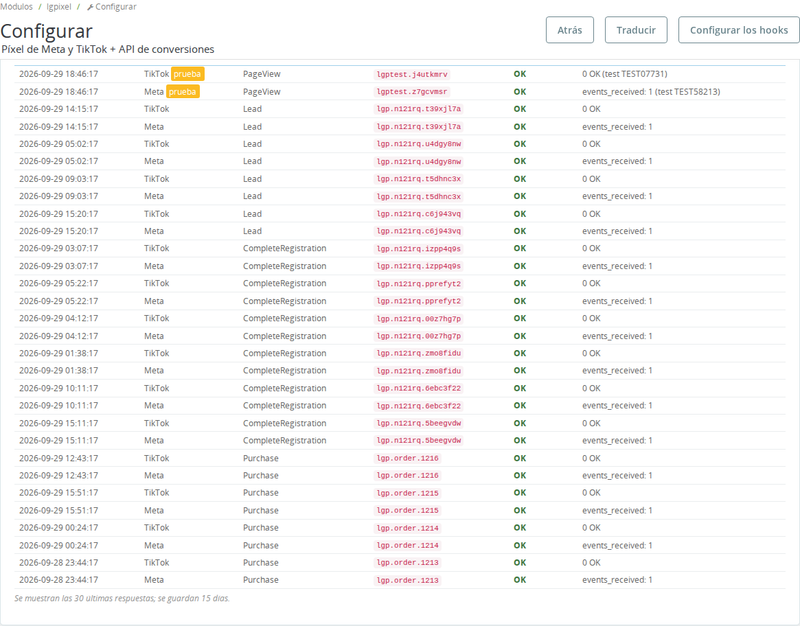 Registro de respuestas de la API de Conversiones de Meta y TikTok