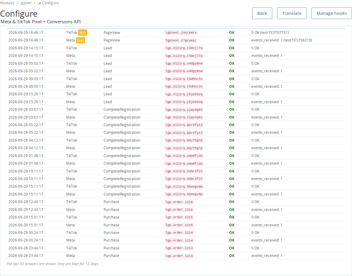 Journal des réponses de l'API de conversions de Meta et TikTok