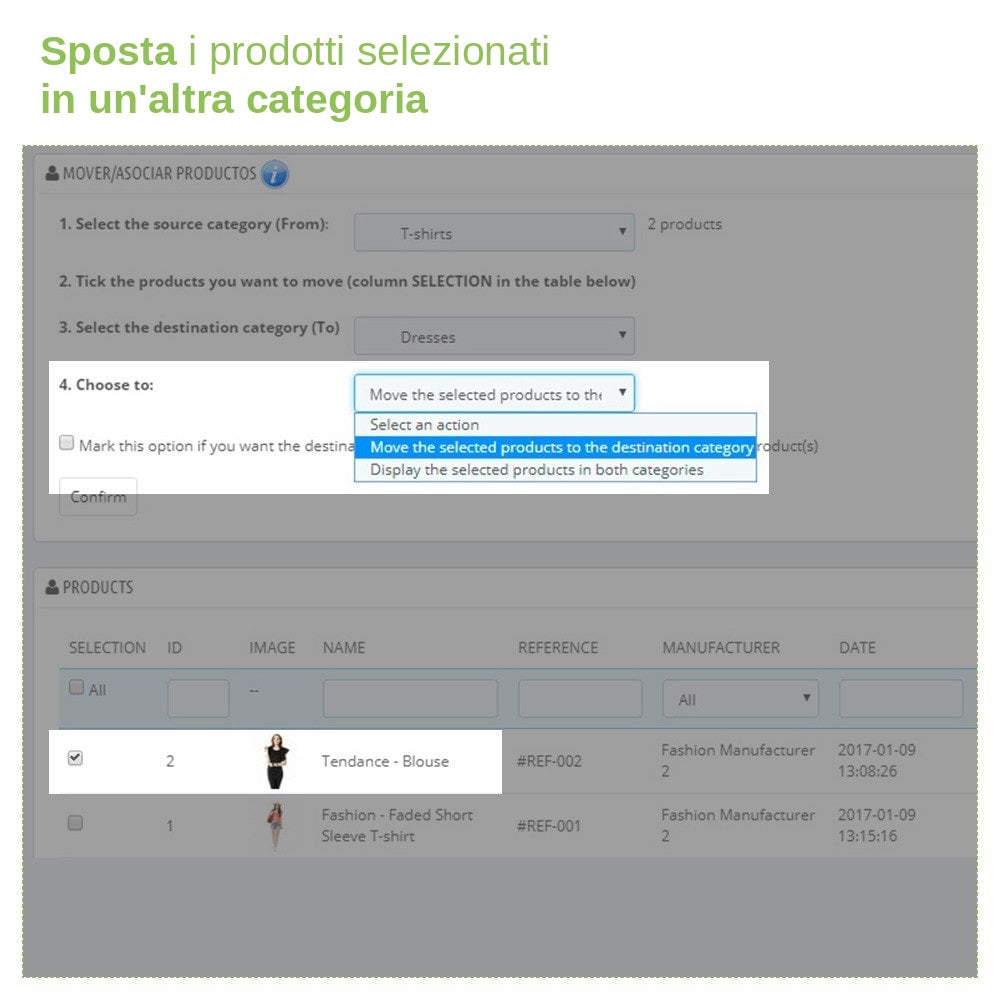 Scegli la categoria di destinazione per spostare o associare prodotti in massa