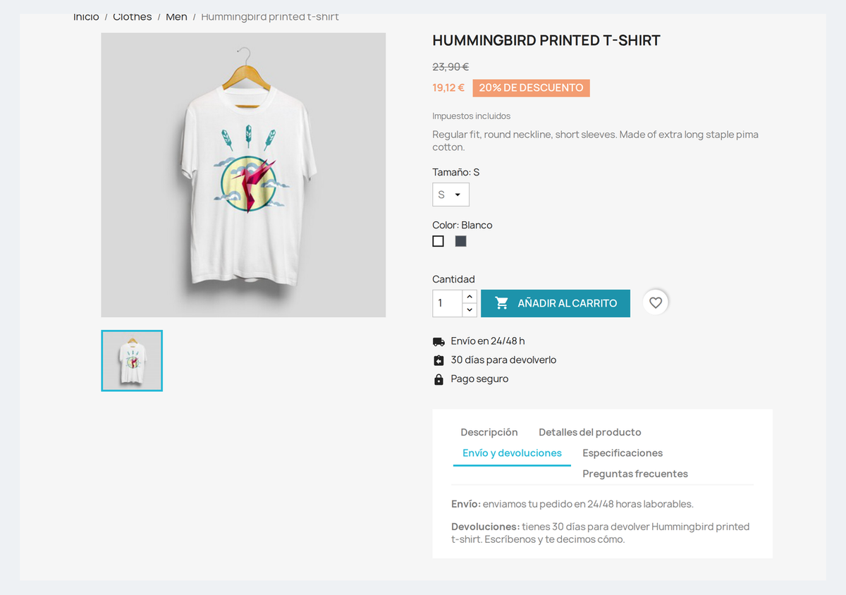 Ficha de producto de PrestaShop con pestañas extra de envío, especificaciones y preguntas frecuentes