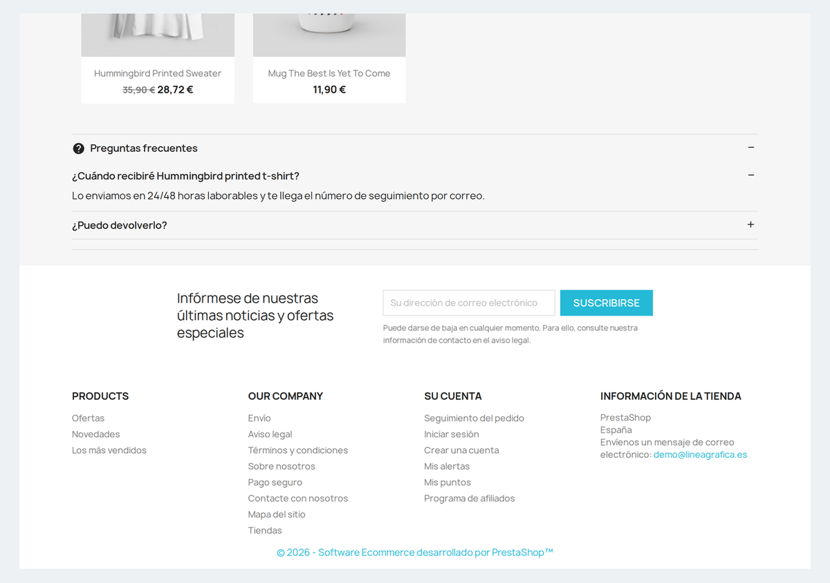Pestañas de producto en acordeón bajo la ficha de PrestaShop
