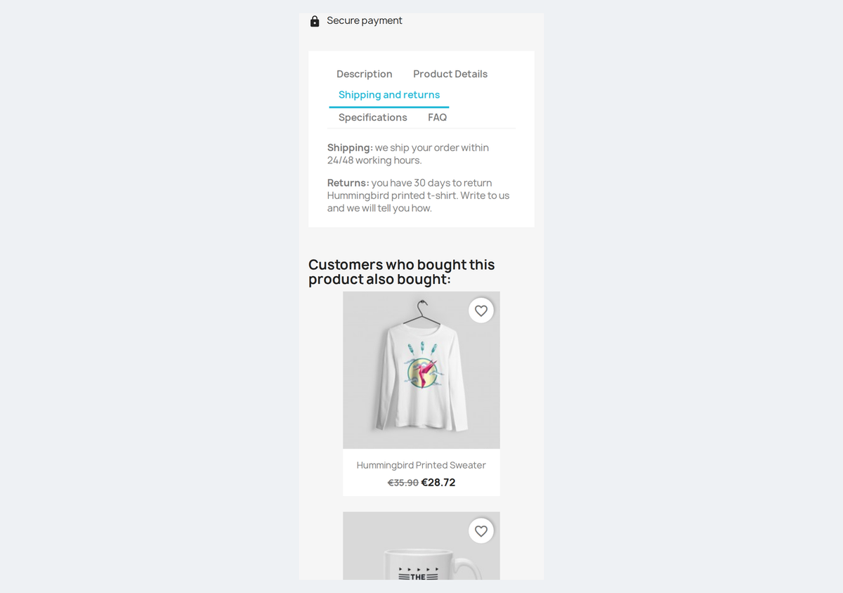 Onglets produit sur mobile