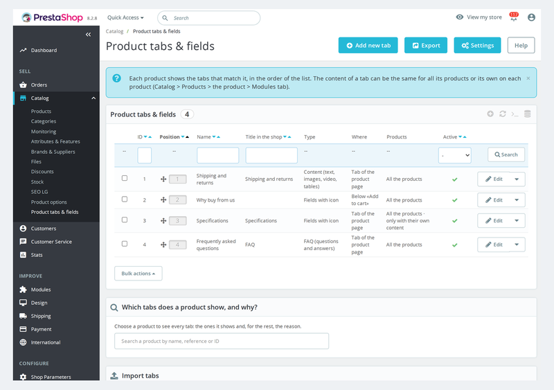 List of product tabs in the PrestaShop back office