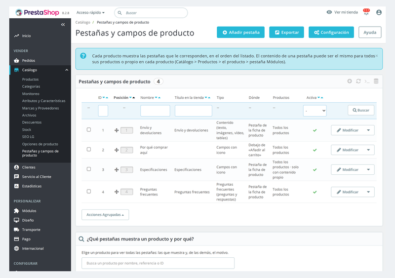 Lista de pestañas de producto en el back office de PrestaShop