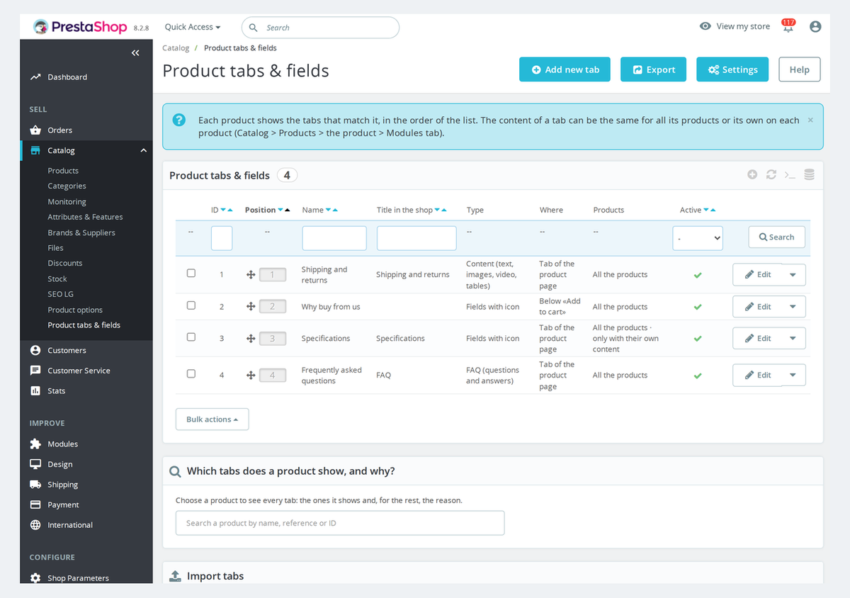 Liste des onglets produit dans le back-office PrestaShop