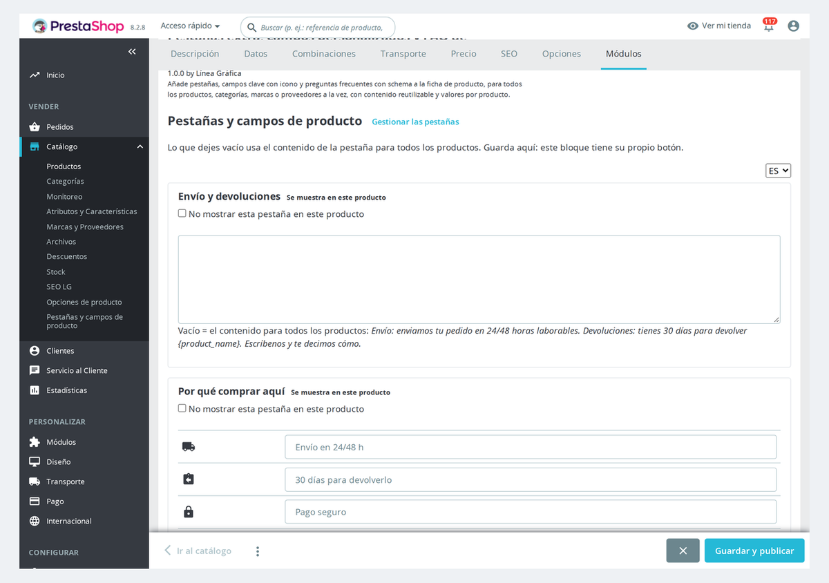 Panel de pestañas en la ficha de producto del back office