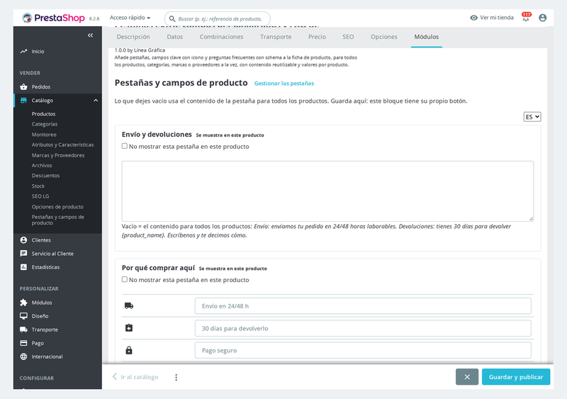 Panel de pestañas en la ficha de producto del back office