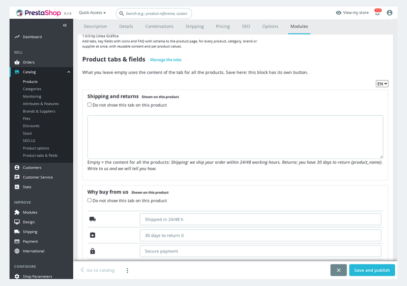Panneau des onglets dans la fiche produit du back-office