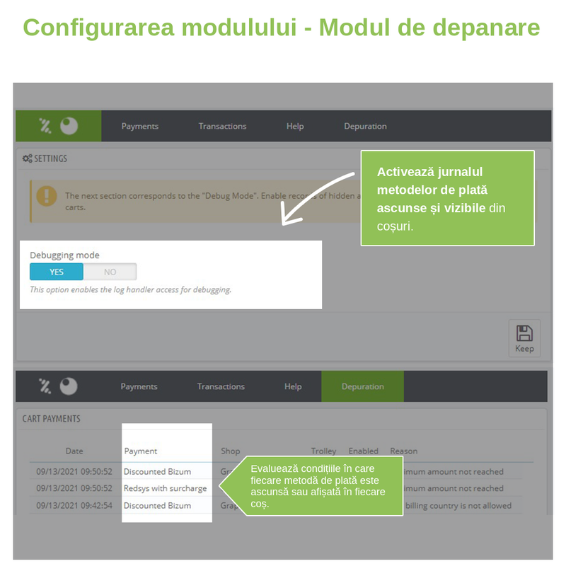 Modul de depanare al modulului Redsys și Bizum: ce metode de plată vede fiecare coș