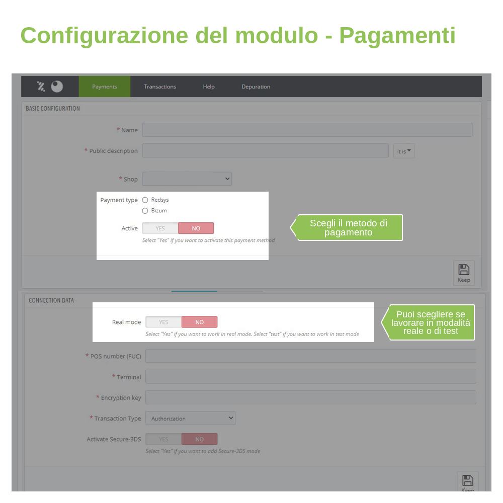 Configurazione di un metodo di pagamento Redsys o Bizum in PrestaShop: dati del POS e modalità test o produzione