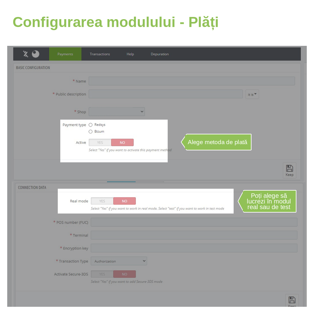 Configurarea unei metode de plată Redsys sau Bizum în PrestaShop: datele POS-ului și mod real sau de testare