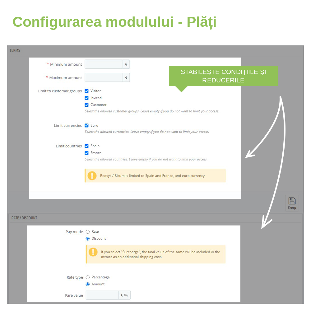 Condiții de plată Redsys în funcție de sumă, grup de clienți, monedă și țară, cu taxă suplimentară sau reducere
