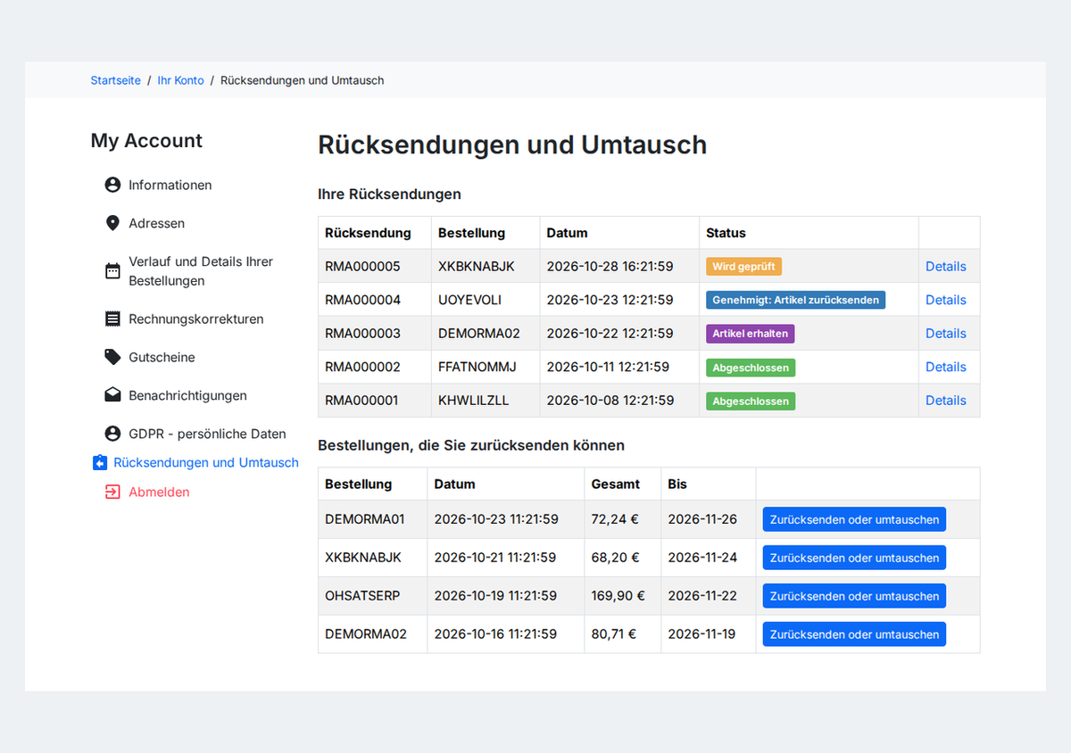 Meine Retouren im PrestaShop-Kundenkonto mit dem Status jeder Retoure