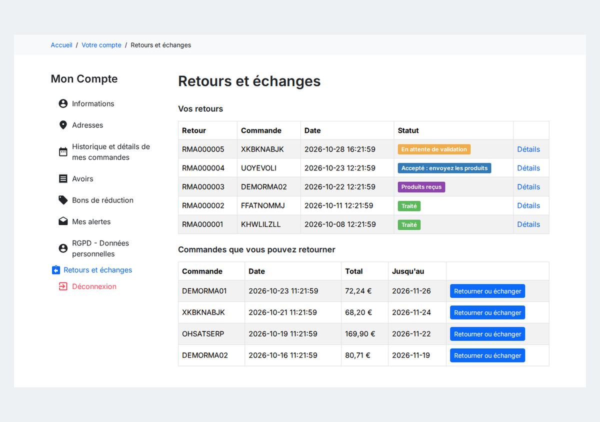 Mes retours dans le compte client PrestaShop, avec l'état de chaque retour