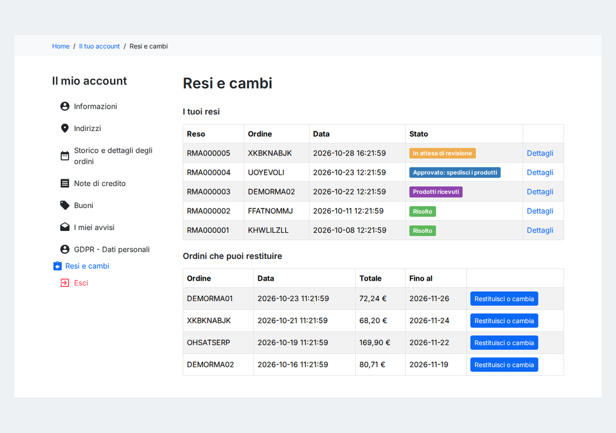 I miei resi nell'account cliente di PrestaShop, con lo stato di ogni reso