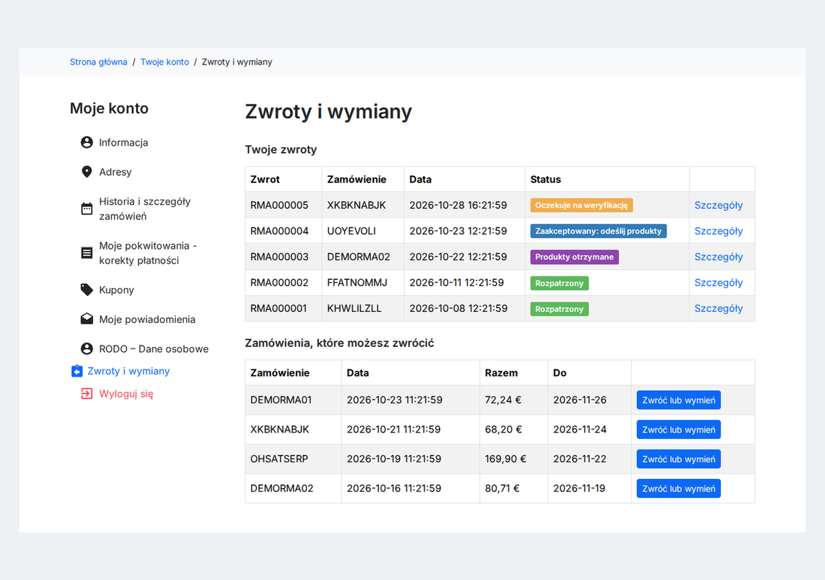 Moje zwroty na koncie klienta PrestaShop ze statusem każdego zwrotu