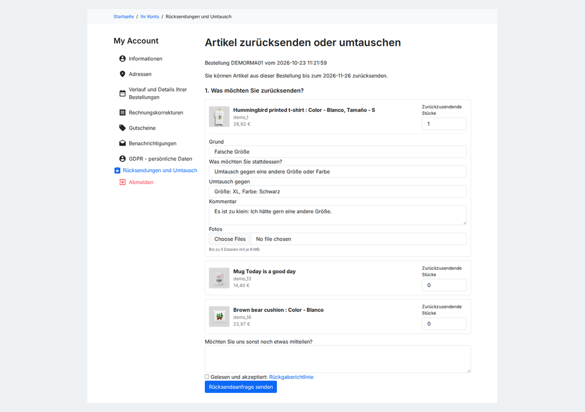 Retourenformular pro Artikel mit Menge, Grund, Lösung (Erstattung, Gutschein oder Größentausch) und Fotos