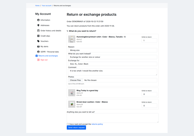 Per-product return form with units, reason, solution (refund, store credit or size exchange) and photos