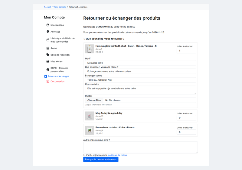 Formulaire de retour par produit avec quantités, motif, solution (remboursement, bon d'achat ou échange de taille) et photos