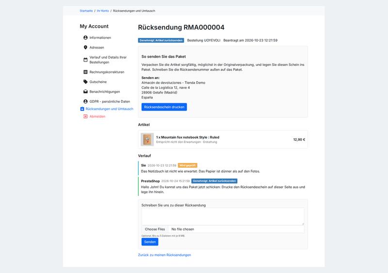 Retourendetails mit Statusverlauf, Nachrichten und Retourenschein als PDF