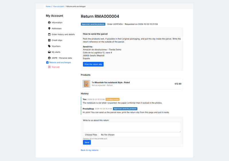Return details with status history, messages and the PDF return slip