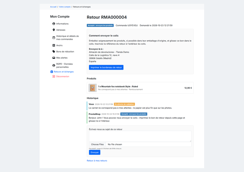 Détail du retour avec l'historique des états, les messages et le bon de retour PDF