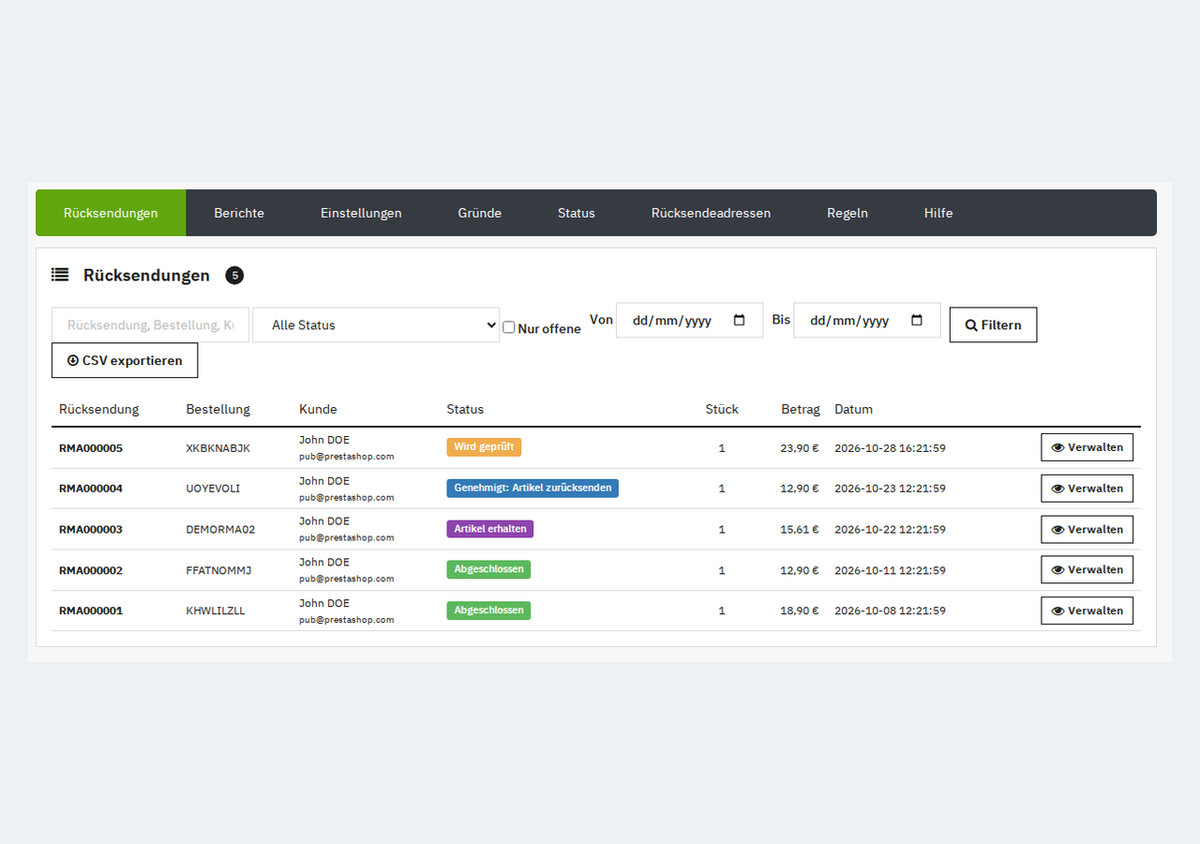 Liste der Retourenanfragen im PrestaShop-Backoffice mit Filtern und CSV-Export