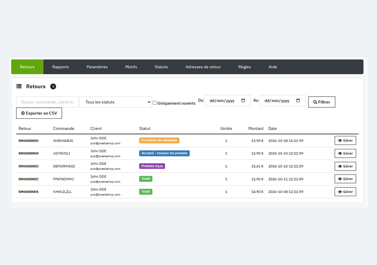 Liste des demandes de retour dans le back-office PrestaShop avec filtres et export CSV