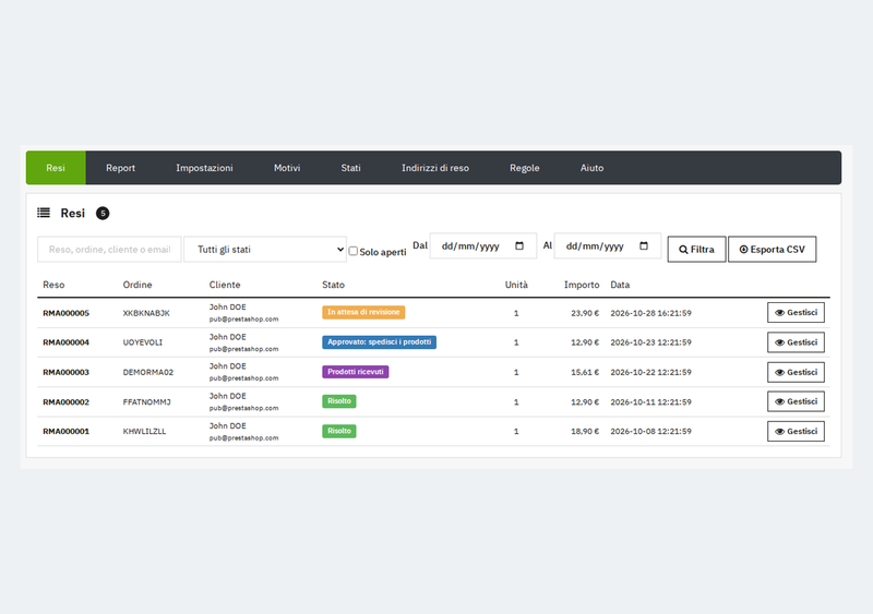 Elenco delle richieste di reso nel back office di PrestaShop con filtri ed esportazione CSV