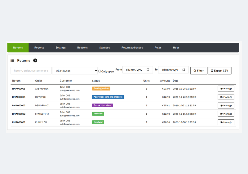 Lista cererilor de retur în back office-ul PrestaShop cu filtre și export CSV