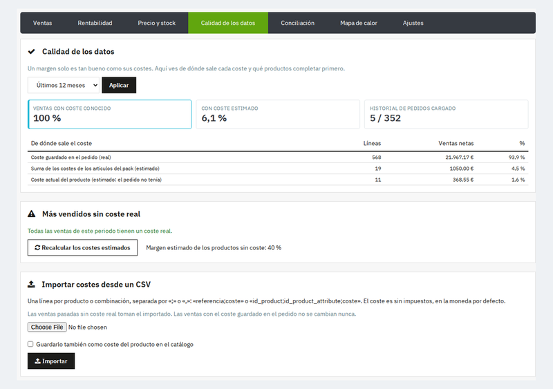 Calidad de los datos e importación de costes por CSV