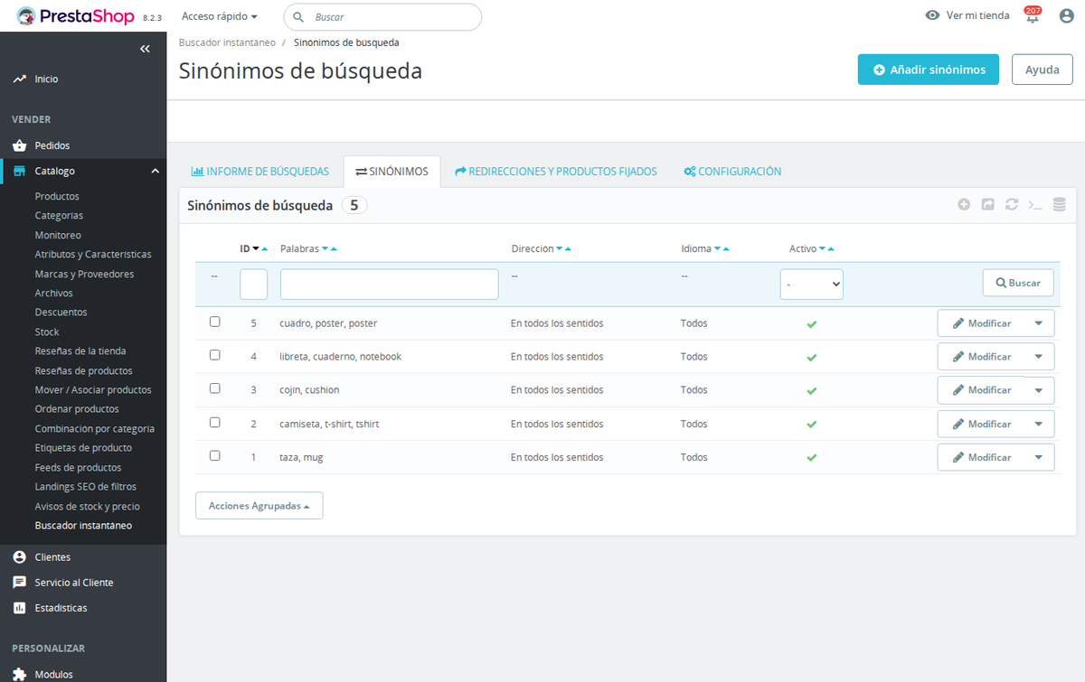 Sinónimos de búsqueda en PrestaShop para que sofá encuentre también chaise longue