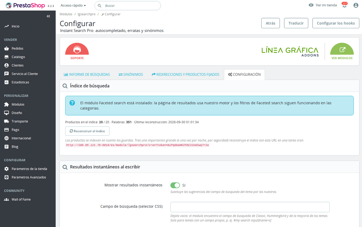 Ajustes del buscador instantáneo: diseño, colores, número de resultados e índice