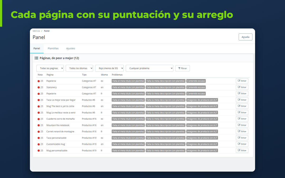 Lista de páginas con problemas SEO y su arreglo en el módulo SEO de PrestaShop