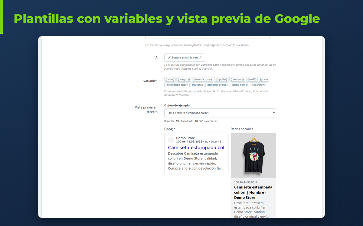 Plantilla de meta título automático con vista previa de Google y redes sociales