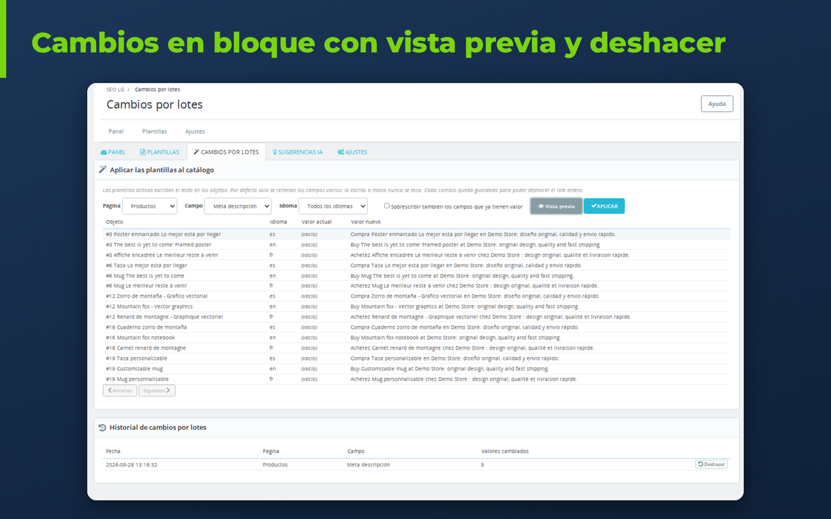 Cambio en bloque de meta descripciones en PrestaShop con vista previa y botón deshacer