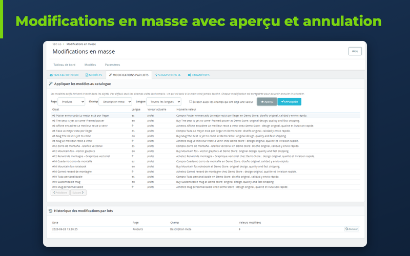 Modification en masse des meta descriptions PrestaShop avec aperçu et bouton annuler