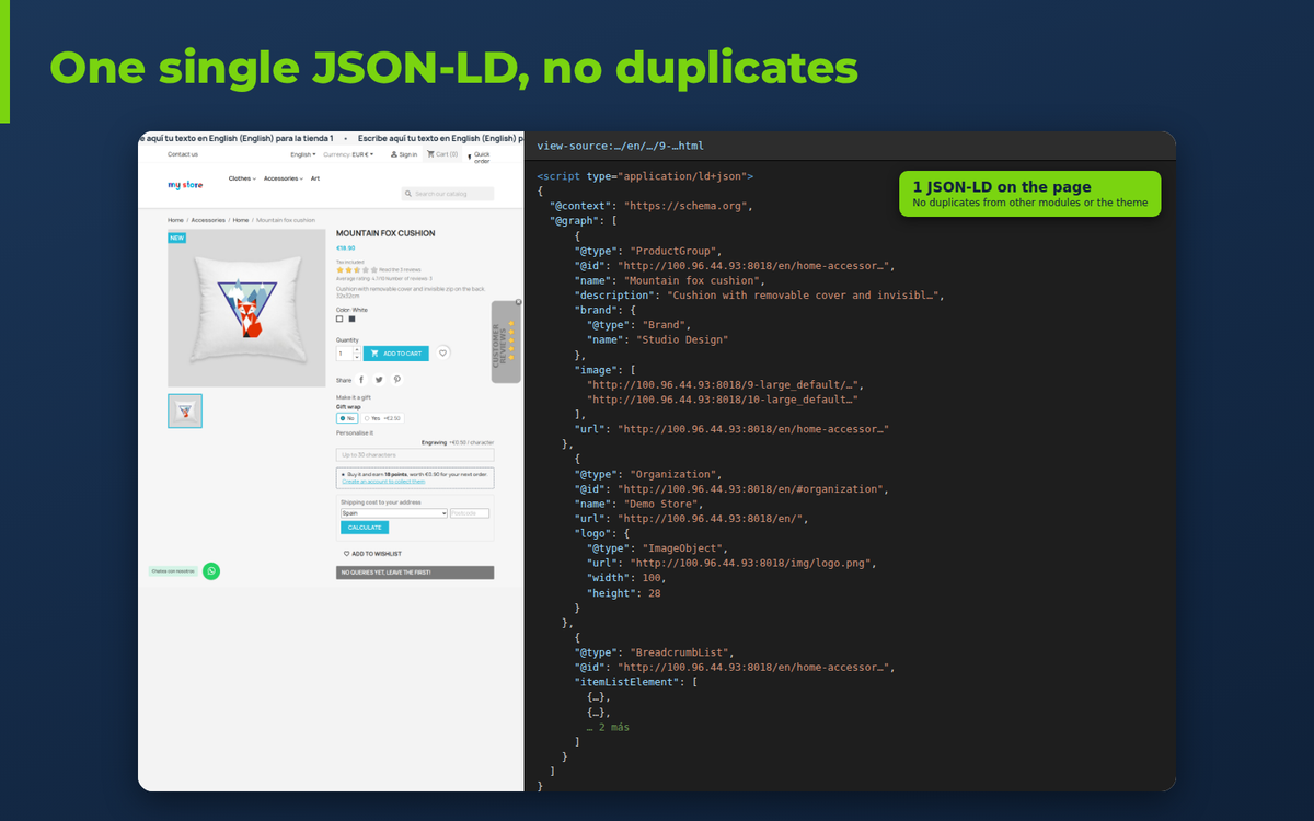 Um único JSON-LD na página de produto do PrestaShop com Product, avaliações e BreadcrumbList