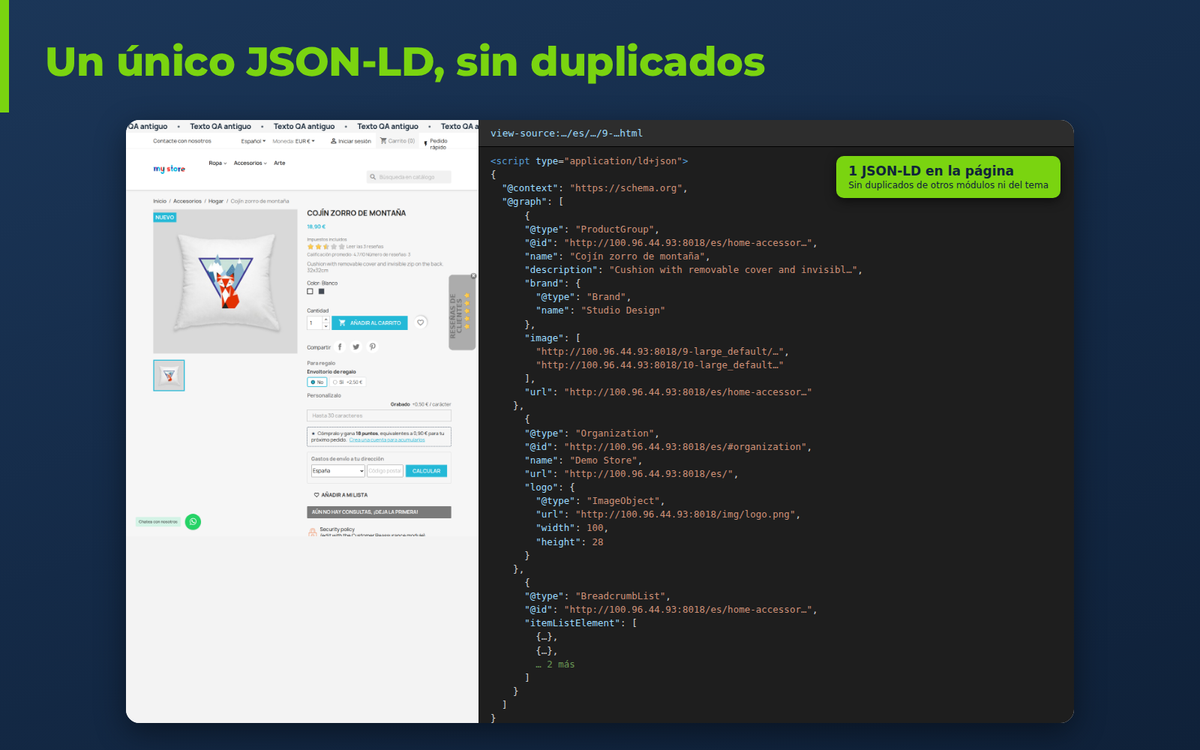 Un único JSON-LD en la ficha de producto de PrestaShop con Product, valoraciones y BreadcrumbList
