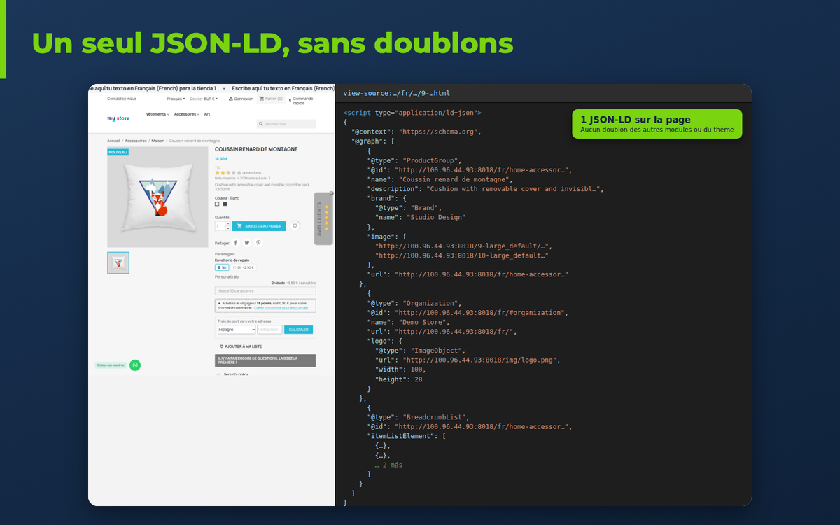 Un seul JSON-LD sur la fiche produit PrestaShop avec Product, avis et BreadcrumbList
