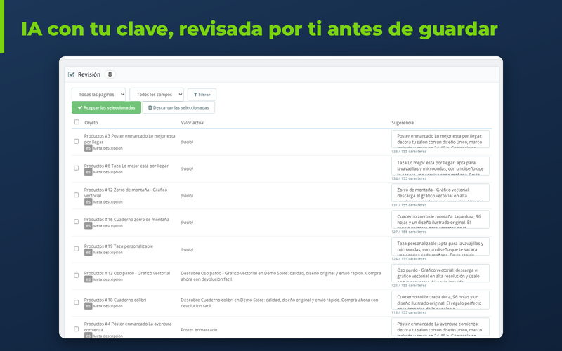 Sugerencias de meta descripción con IA en bloque para revisar antes de guardar en PrestaShop