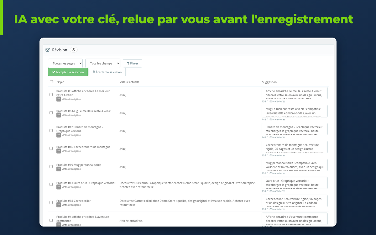 Suggestions de meta description par IA en masse à relire avant l'enregistrement sur PrestaShop