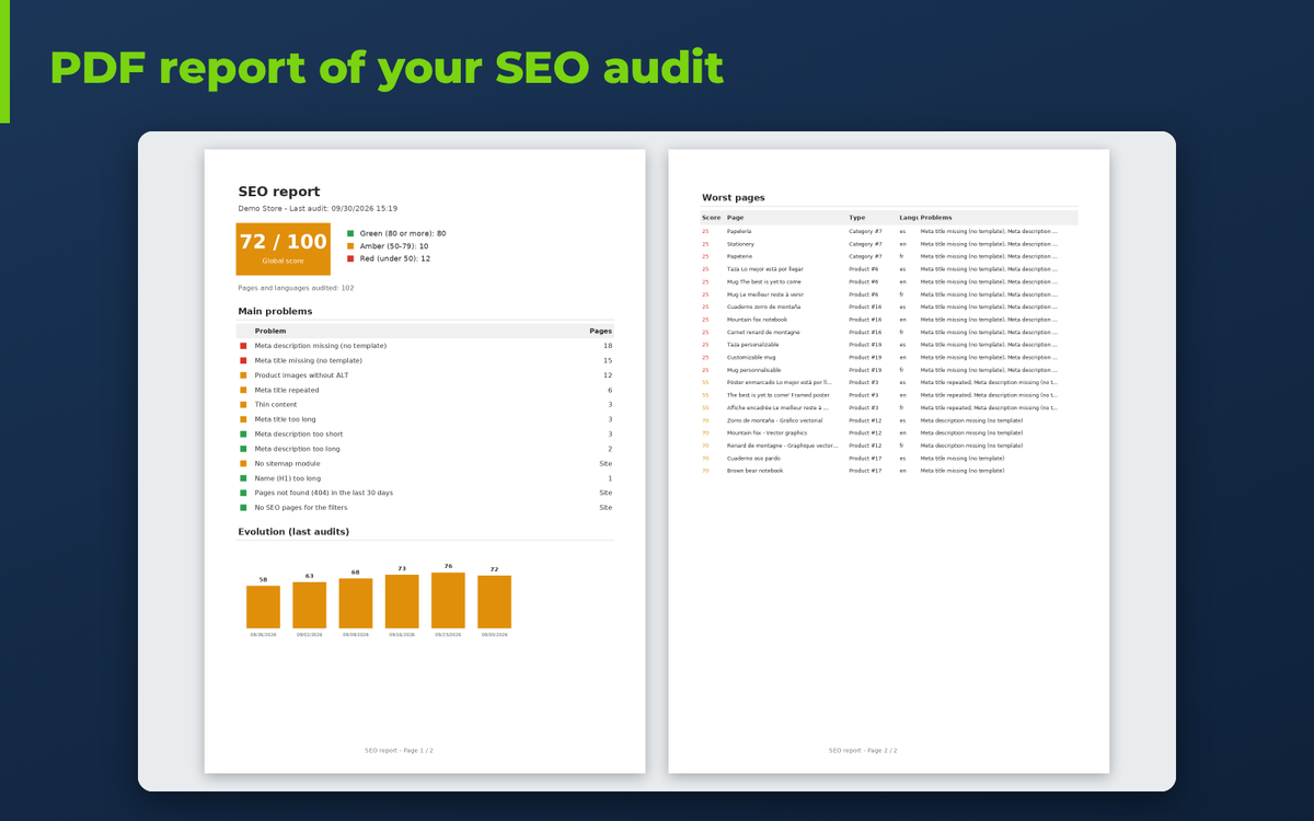 Relatório PDF da auditoria SEO de uma loja PrestaShop
