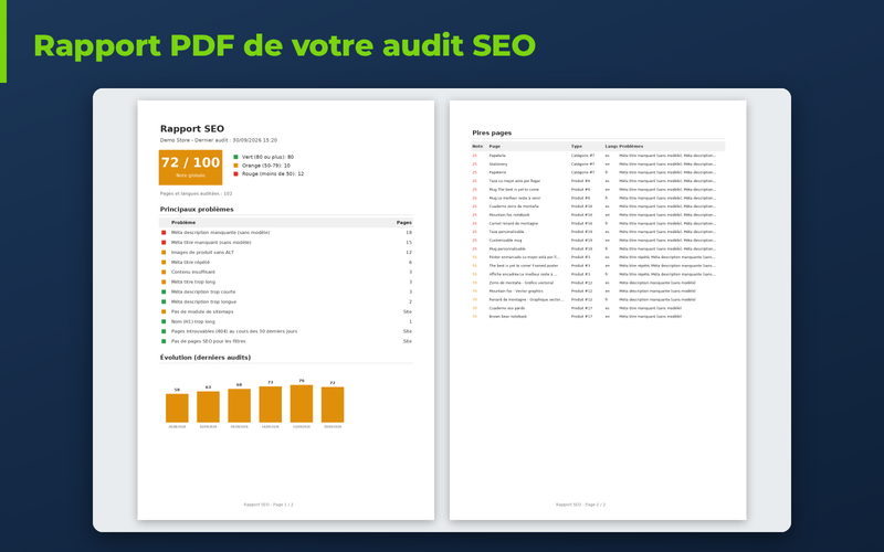 Rapport PDF d'audit SEO d'une boutique PrestaShop