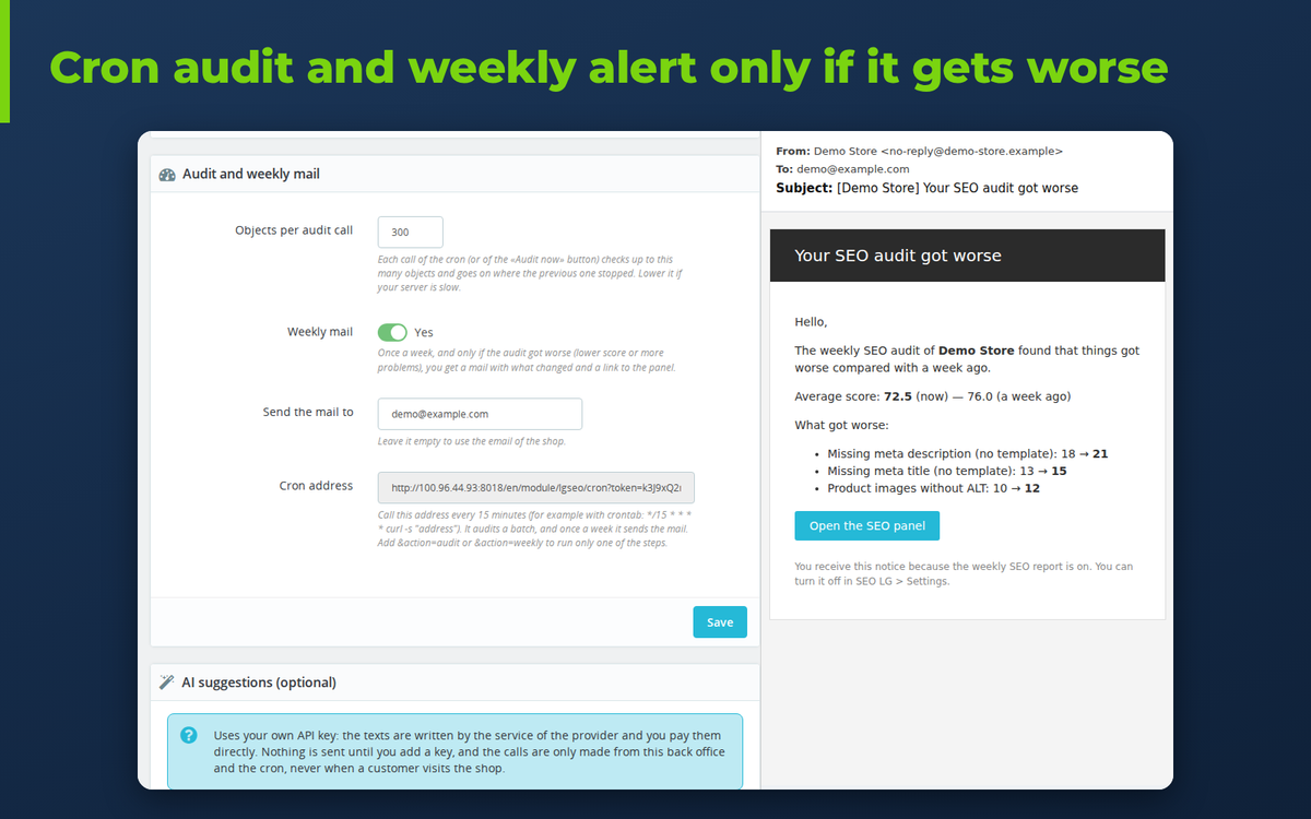 Configuração do módulo SEO para PrestaShop: URL do cron e alerta semanal por e-mail