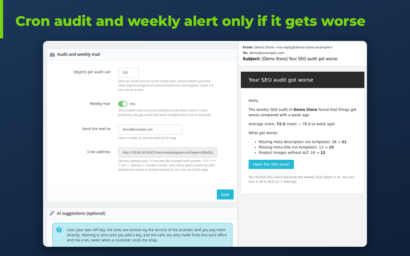 Configuração do módulo SEO para PrestaShop: URL do cron e alerta semanal por e-mail