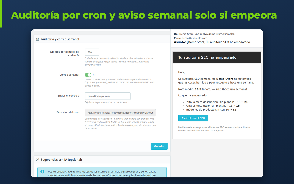 Ajustes del módulo SEO de PrestaShop: URL del cron y aviso semanal por correo
