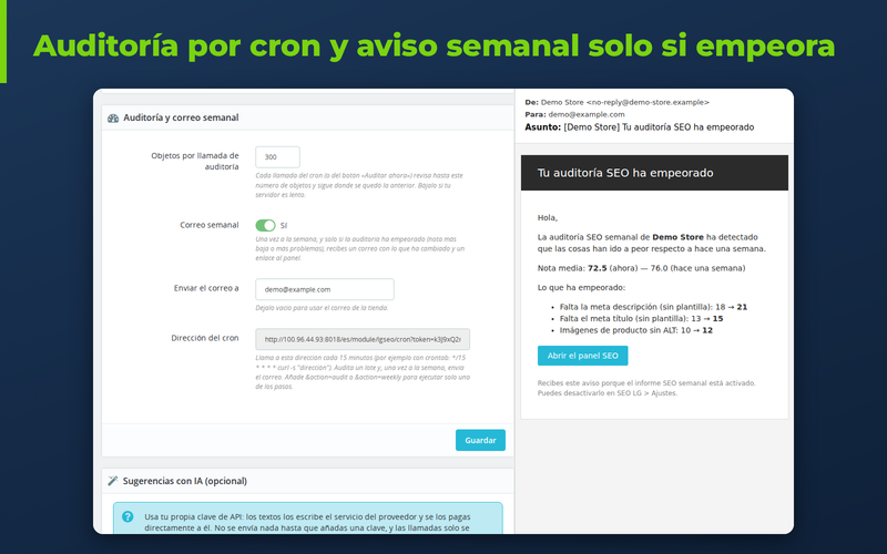 Ajustes del módulo SEO de PrestaShop: URL del cron y aviso semanal por correo
